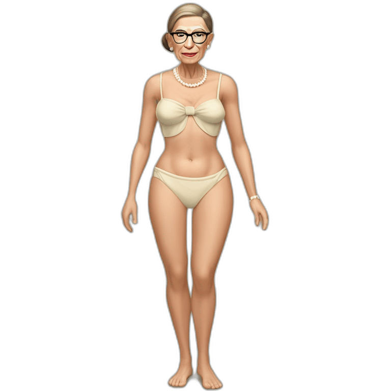 sexy ruth bader ginsburg wearing a string bikini bottoms bare chest (full body, ios17, facing away, looking over shoulder, cream colored bikini) emoji