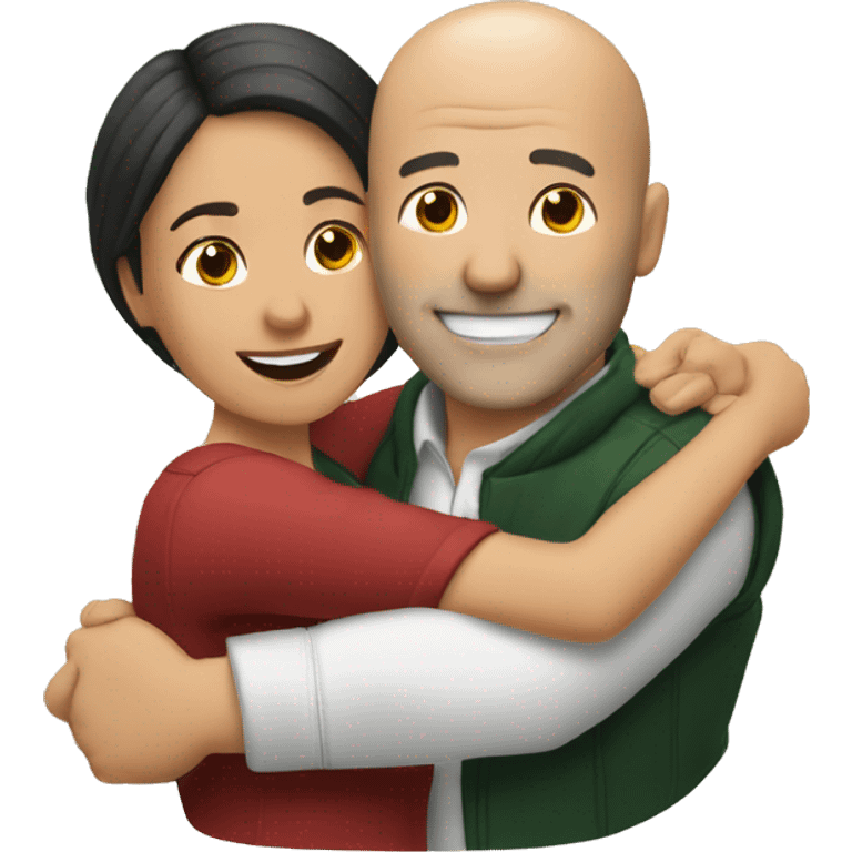 couple hug with warm smiles, white bald man, Mexican woman  emoji