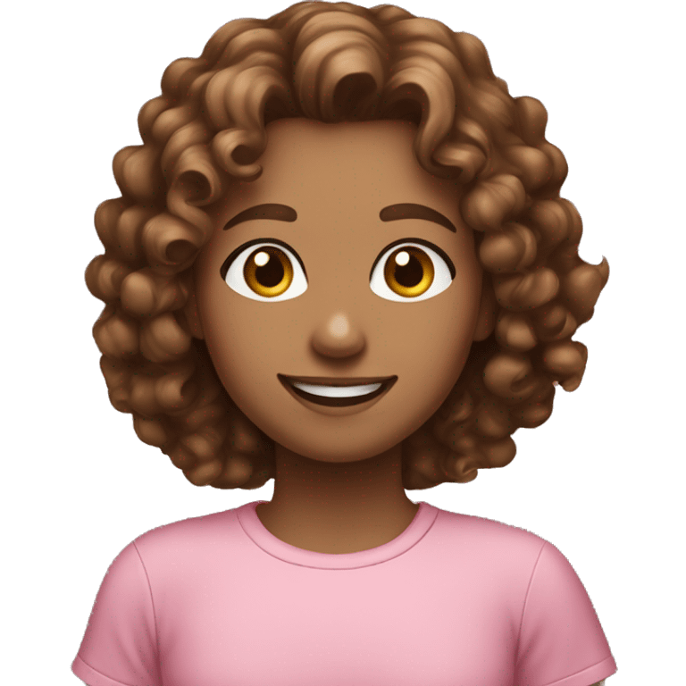 Girl with brown curly hair white skin hazel eyes pink shirt smiling  emoji