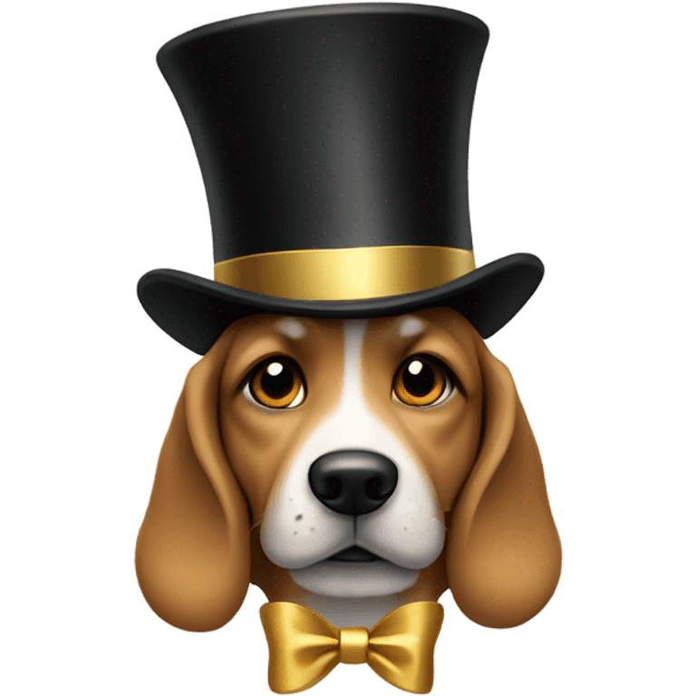 Dog wearing black top hat with gold ribbon tied around it emoji