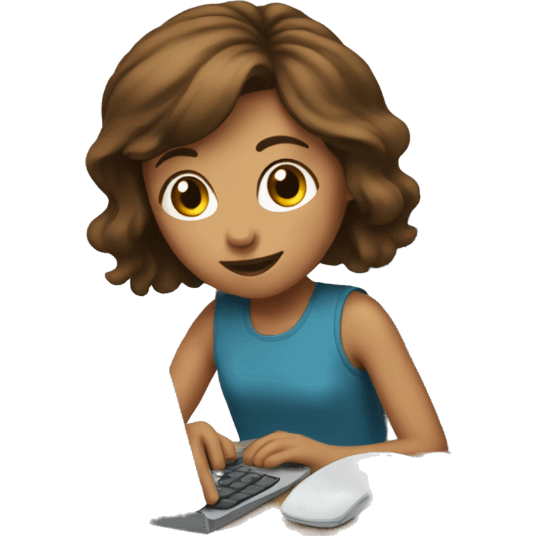 Brown haired girl playing on a computer emoji