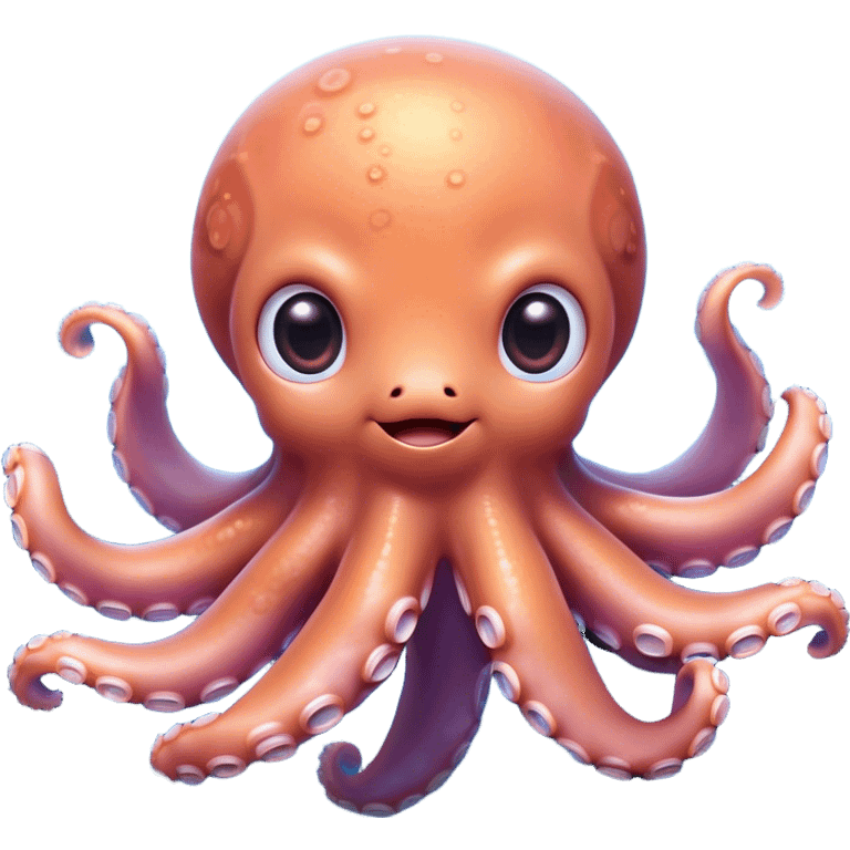 Cinematic Cute Octopus Portrait Emoji, Head tilted playfully and inquisitively, featuring a charming, rounded body with soft, shimmering skin and eight expressive, gently curling arms with playful suckers, with round, sparkling eyes full of wonder, Simplified yet irresistibly adorable features, highly detailed, glowing with a warm, inviting underwater glow, high shine, affectionate and lively, stylized with a touch of whimsical marine charm, soft glowing outline, capturing the essence of a mischievous yet loving octopus that seems as if it could float out of the screen into your arms! emoji