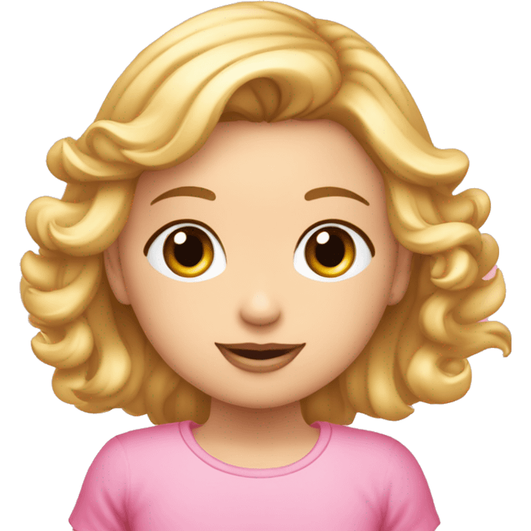 Niña rubia con pelo rizado, coleta arriba rosa, nariz redondita y ojos marrones. Camiseta rosA. emoji