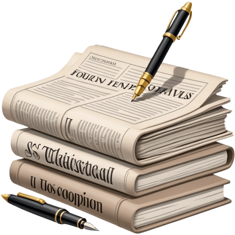 Create an emoji representing journalism and publicistic writing. The design should feature a stack of newspapers, an open notebook with visible text, and a single fountain pen placed near the notebook, symbolizing the act of writing. Use neutral, professional colors like black, white, and muted tones to convey a sense of seriousness and intellect. Do not include any emojis or smiley faces. Make the background transparent. emoji