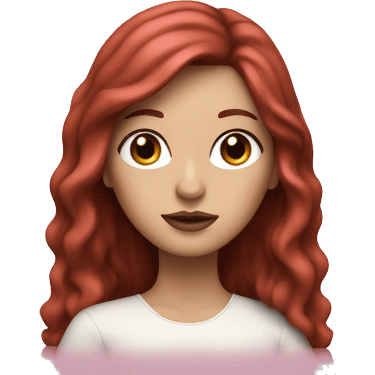 Woman with a white skin that has Long Dark red hair and brown eyes with an eyeliner and lashes coding on a pink macbook emoji