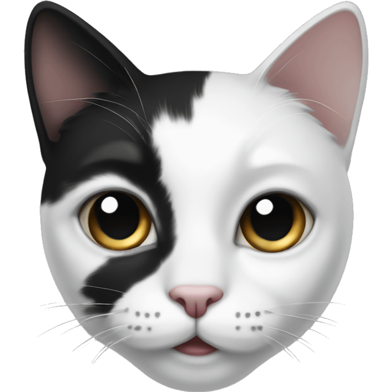 Black and white cat with a black spot on right eye and black left ear emoji