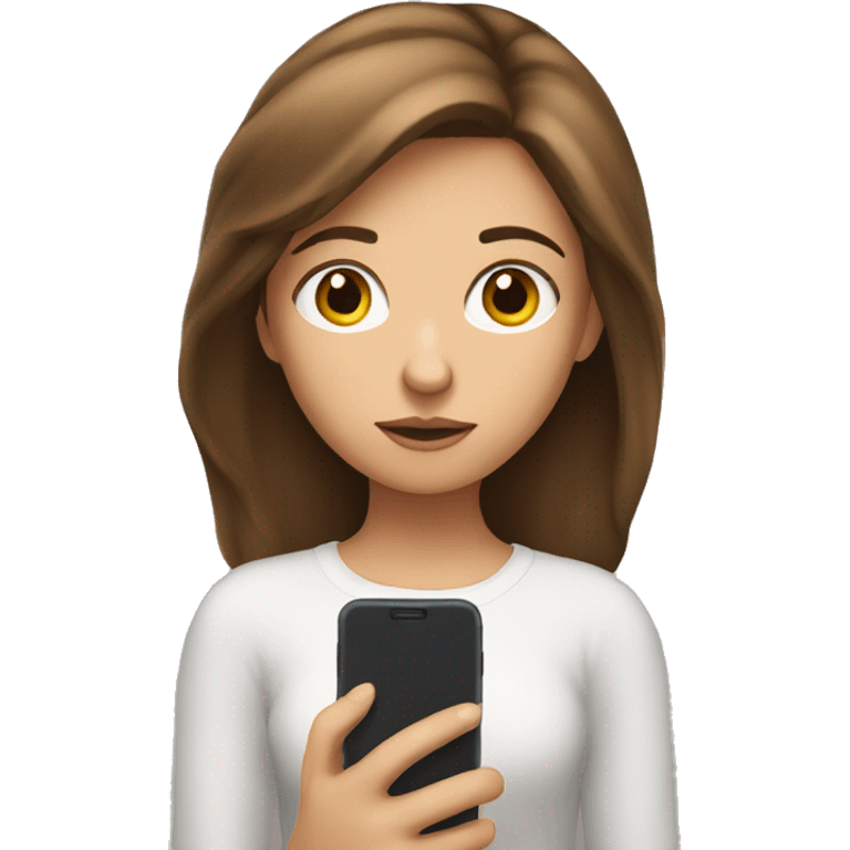 girl with brown hairs with her phone with a thoughtful face and look at its screen emoji