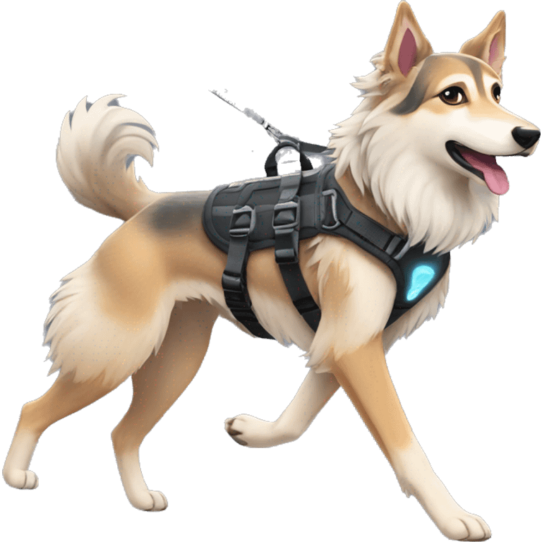 Fluffy dog saluki German shepherd husky with tattoos and holographic harness running emoji