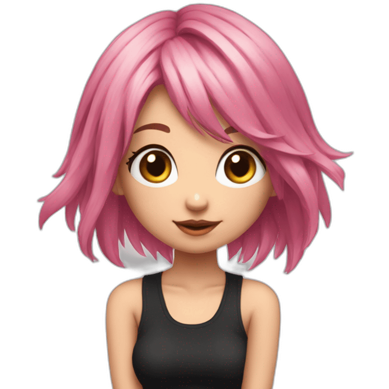 Full body Front view curvy emo girl pink hair sits on the floor straight view hands up black skirt полосатые рваные чулки emoji