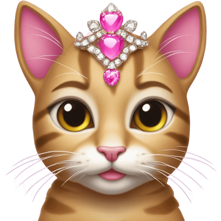 Tabby cat with big lashes and a pink tiara, glittery pink claws, glittery jewelry and earrings emoji