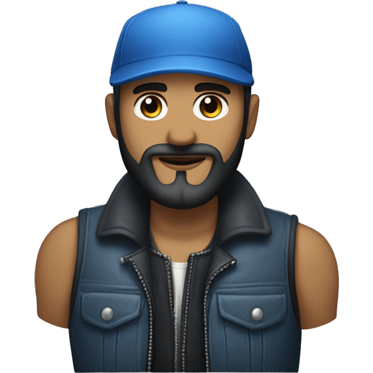 a man with a midium black beard, a blue cap, a sleevless vest and a harley blue motorcicle emoji