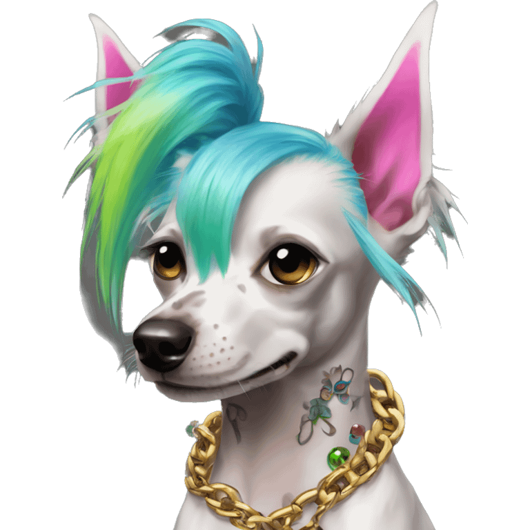 Punk Chinese crested dog neon rainbow hair gold chain punk piercings tattoos punk ear piercings emoji