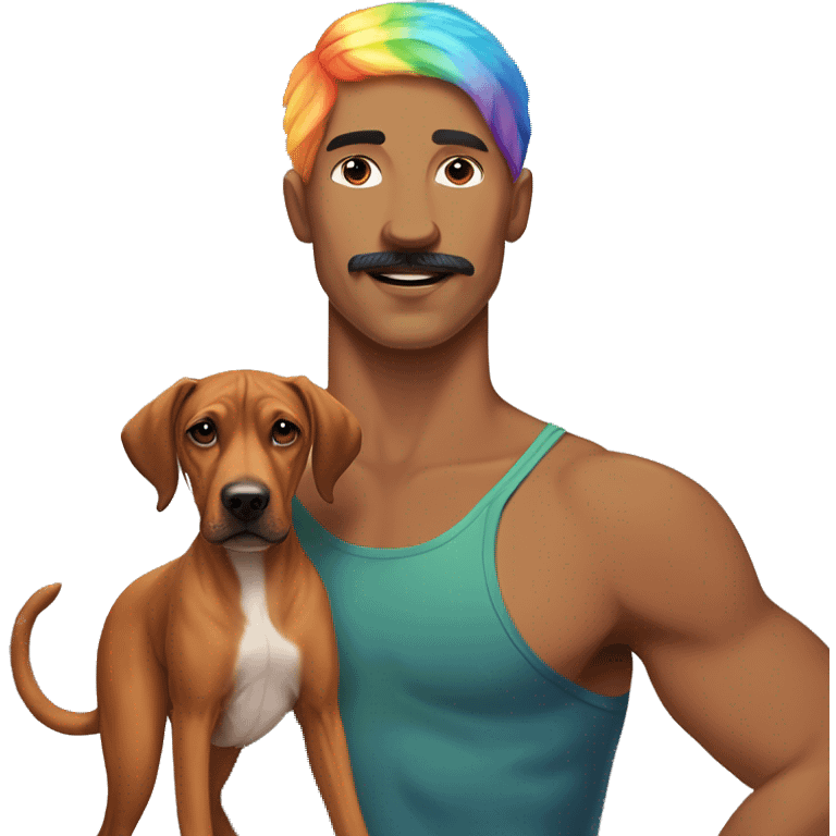 white male with rainbow colored hair and a curled mustache standing alongside a brown rhodesian ridgeback dog emoji