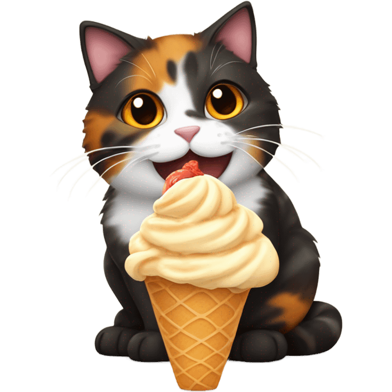 Cute fat tortoiseshell cat eating ice cream emoji