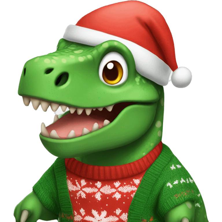 Dinosaur wearing a christmas jumper and santa hat emoji