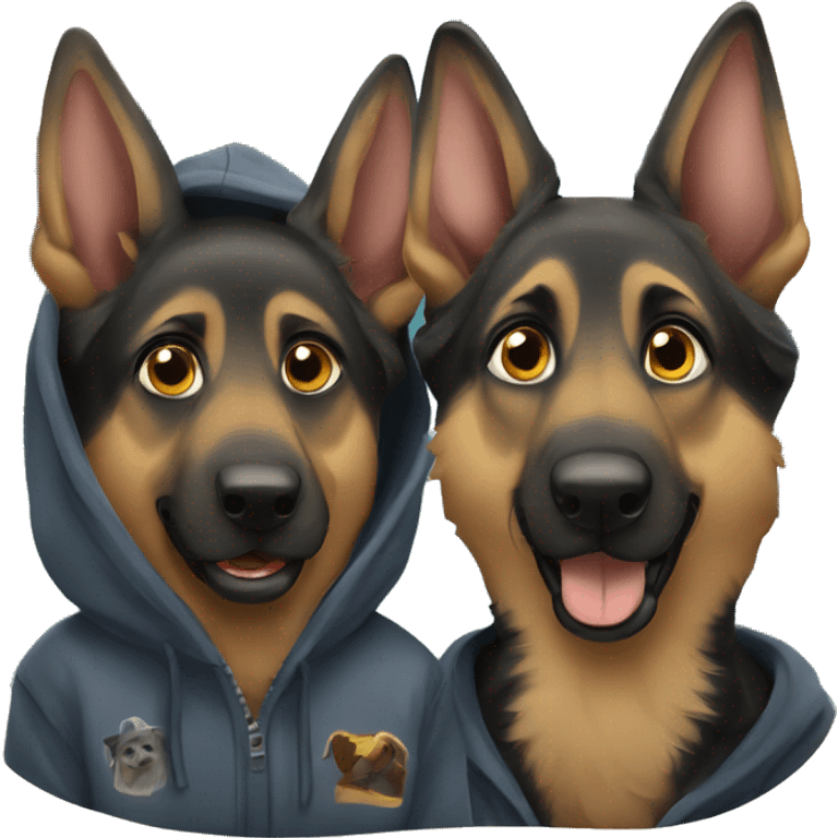 Two german shepherd dogs wearing hoodie emoji