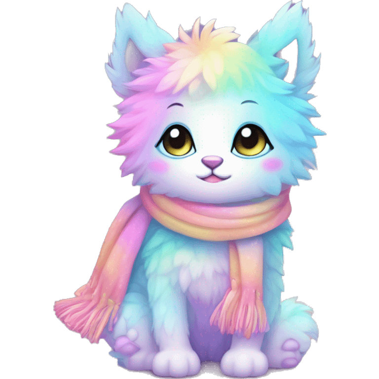 Edgy Kawaii cute cool gorgeous colorful sparkly bright light pastel gradient fantasy ethereal fluffy fursona animal creature with a cute scarf full body emoji