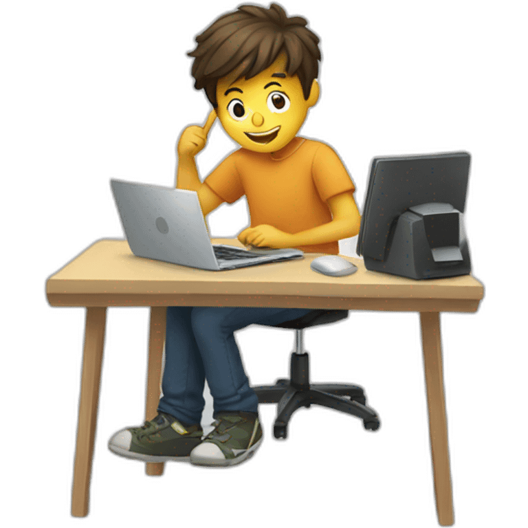 a boy sitting on a computer with excitement emoji