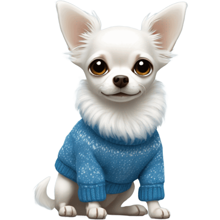 Cute white hairy Chihuahua with blue winter sweater emoji