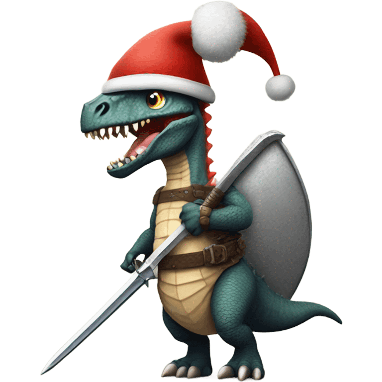 Dinosaur wearing a santa hat holding a midevil sword  emoji