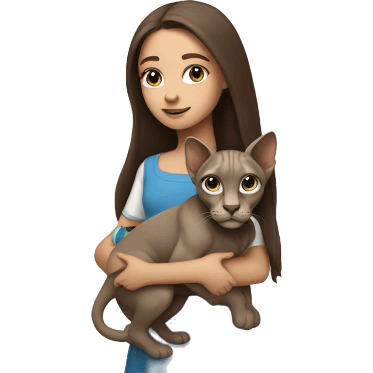 A girl with blue eyes and long brown hair holds a gray sphinx in her arms emoji