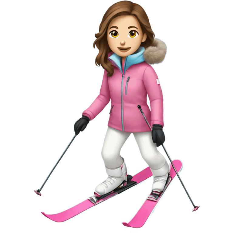 Girl with brown hair skiing with pink skis and wearing a light blue coat and white snow pants emoji