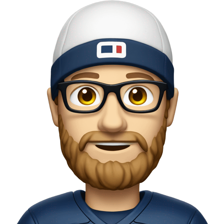 Caucasian man with brown hair and beard wearing glasses with American football jersey and cheese hat emoji