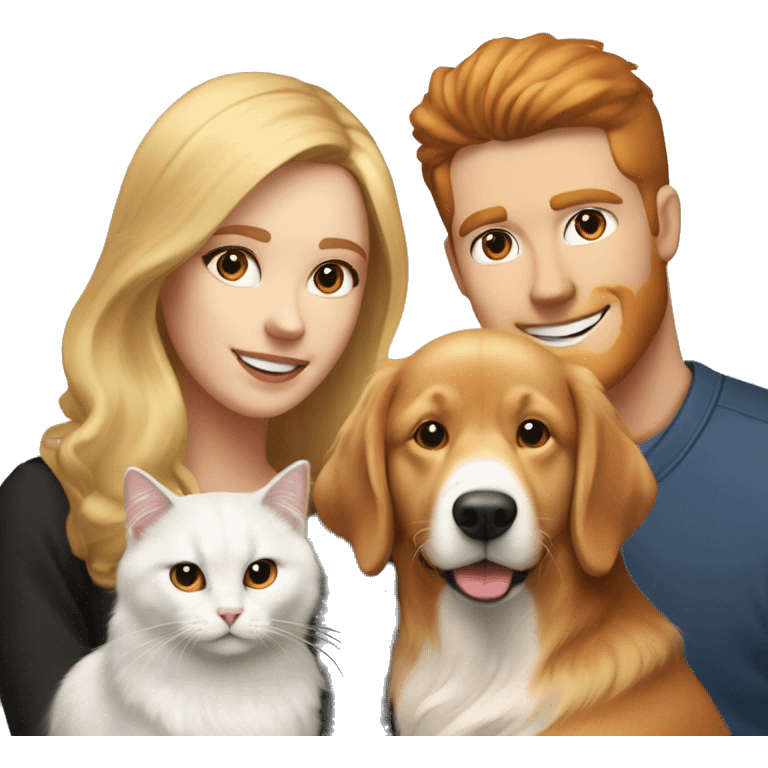 Family portrait with a smiling blonde woman, red-haired man, golden retriever sitting beside them, and black-and-white cat sitting in front. emoji