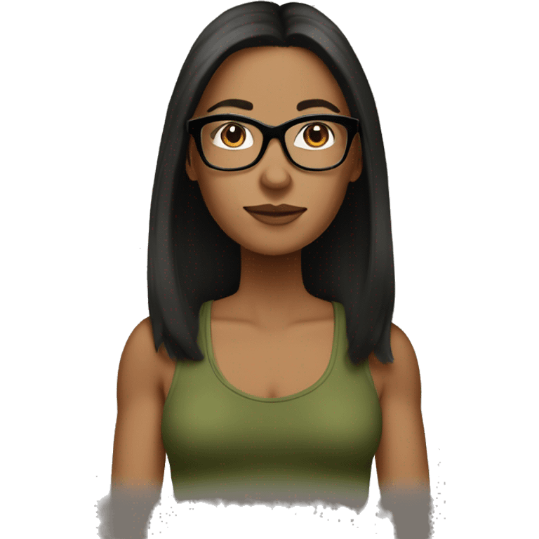 40 year old woman white with black straight hair with a olive green tank top with glasses tortoise  emoji