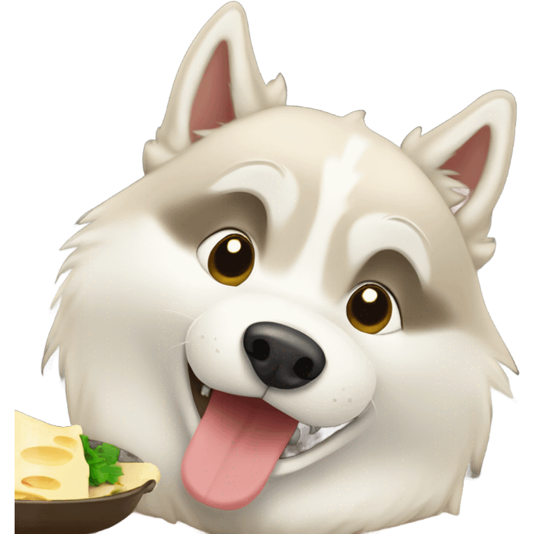 Light beige husky eating a raclette emoji