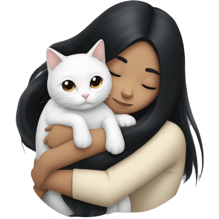 girl with very long black hair and  hugging a white cat emoji