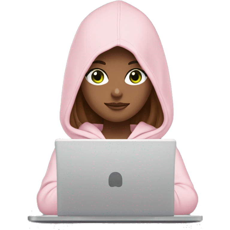 a girl with brown long hair, light beige skin, green eyes, is working relaxed at a modern laptop in a monochrome pale pink zip hoodie with a hood and a pink monochrome T-shirt emoji