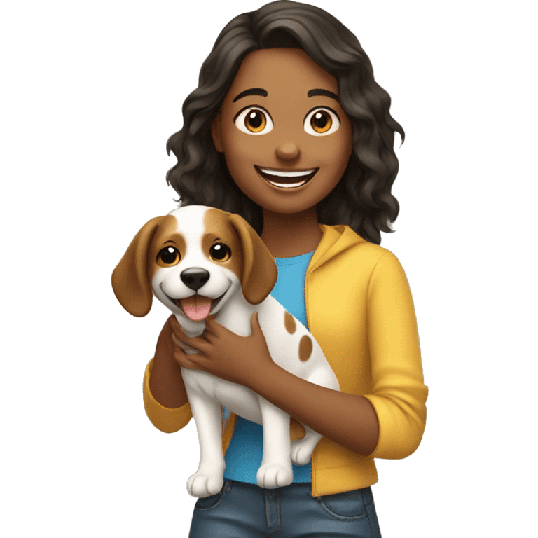 happy girls with dog indoors emoji