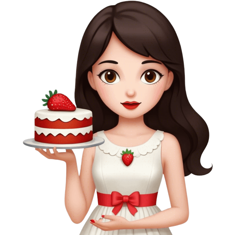 Beautiful woman in 1965’s woman fashion look, white dress, long dark brown hair, strawberry cake emoji