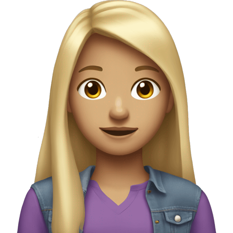 12 years old girl with blond hair and long hair with bang, with a purple shirt and jean sand light skin emoji