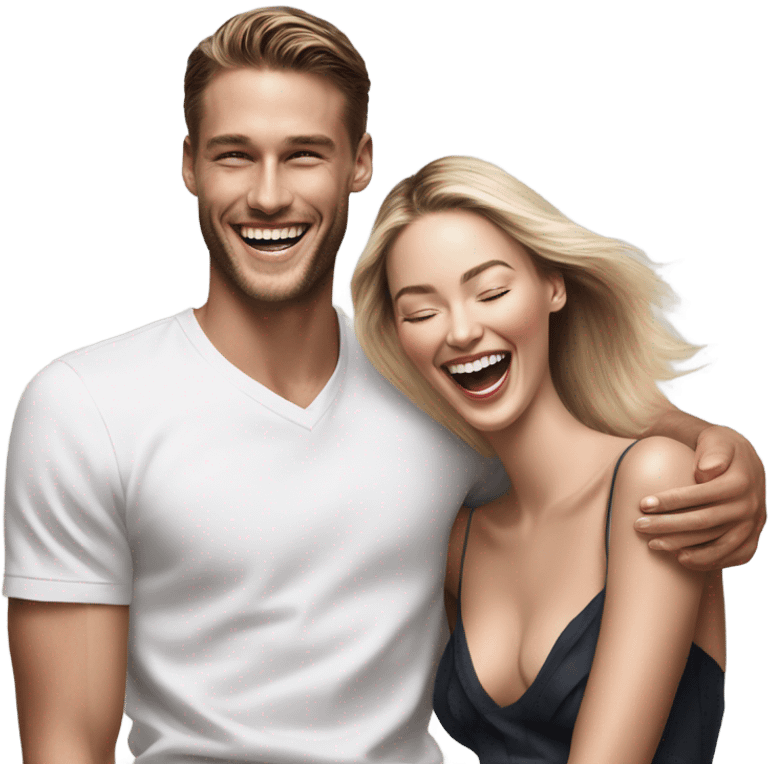 Hyper Realistic beautiful dior model laughing with a handsome male model  emoji