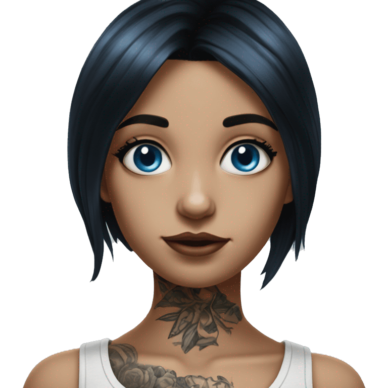 Hyperrealistic girl with blue eyes and black hair and arm tattoos emoji