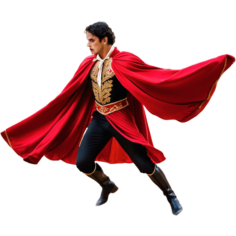 ​Cinematic Realistic Spanish Matador Holding a Red Cape, depicted in mid-action with a vibrant red cape flowing in the wind, dressed in an ornate traje de luces with shimmering details, confronting a charging bull in a dramatic arena, rendered with dynamic motion blur and vivid, high-contrast lighting, emoji