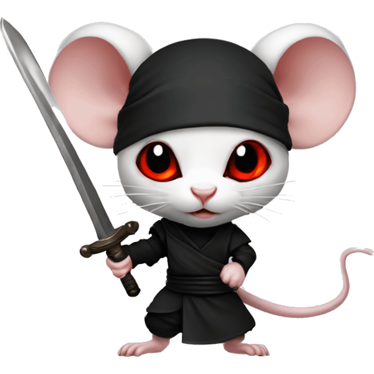 Albino rat red eyes wearing a headband, black ninja costume, dramatic pose, holding sword emoji