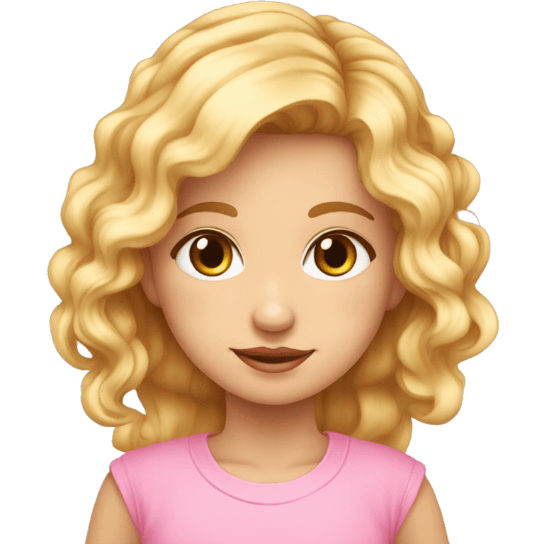 Niña rubia con pelo rizado, pasador rosa, nariz redondita y ojos marrones. Camiseta rosA. emoji