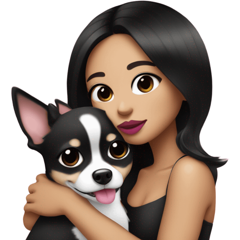 Thick medium black hair with black eyes and pink lip and pink cheek Filipino lady hugging black and white Chihuahua  emoji