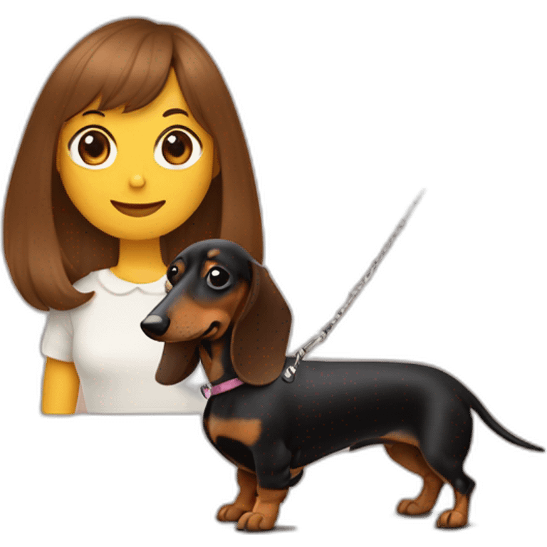 A woman with shoulder-length brown hair and straight bangs has a rough-coated dachshund on a leash. emoji