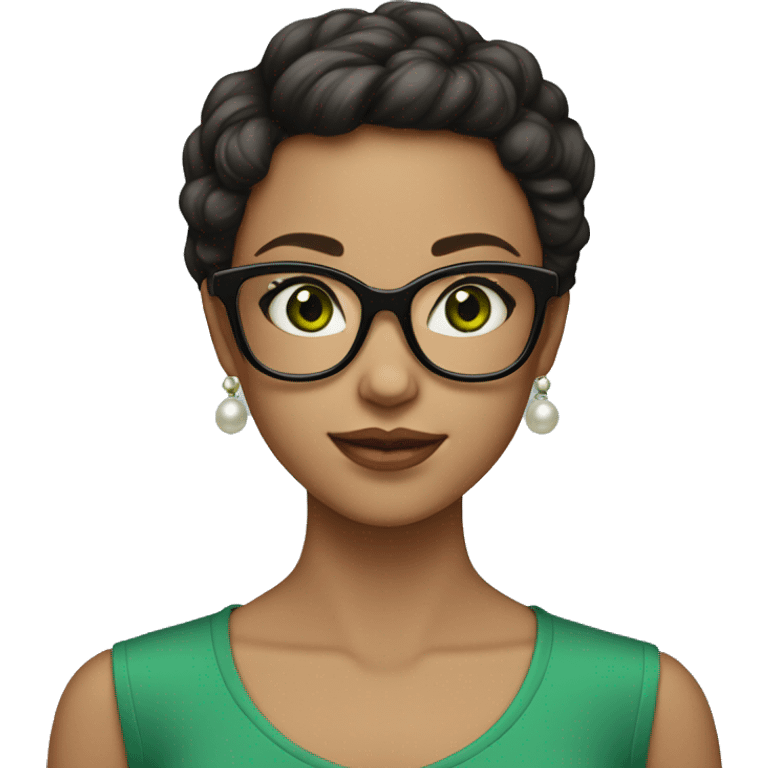 Girl with fair skin, short dark hair, big green square eyeglasses, pearl earrings  emoji