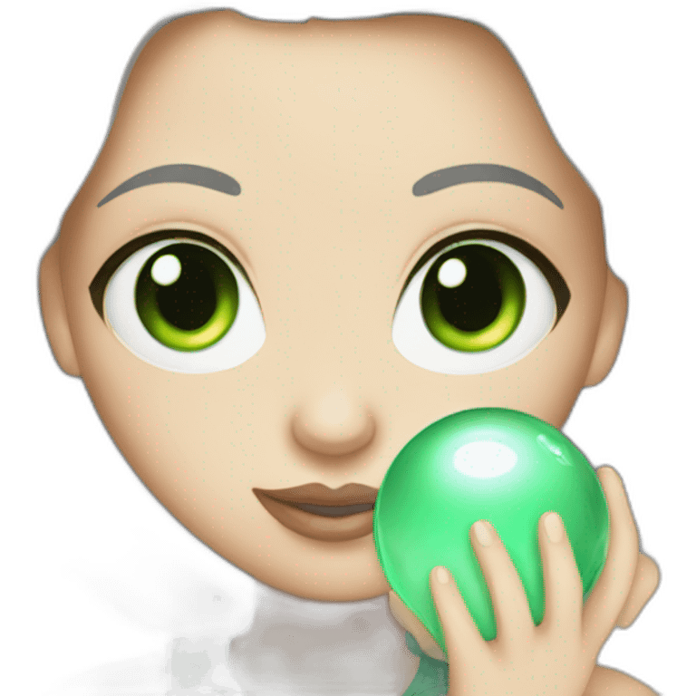 white girl with green eyes, holding a crystal ball emoji