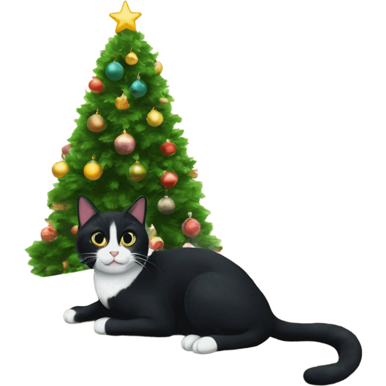 Black tuxedo cat sitting Christmas tree  emoji