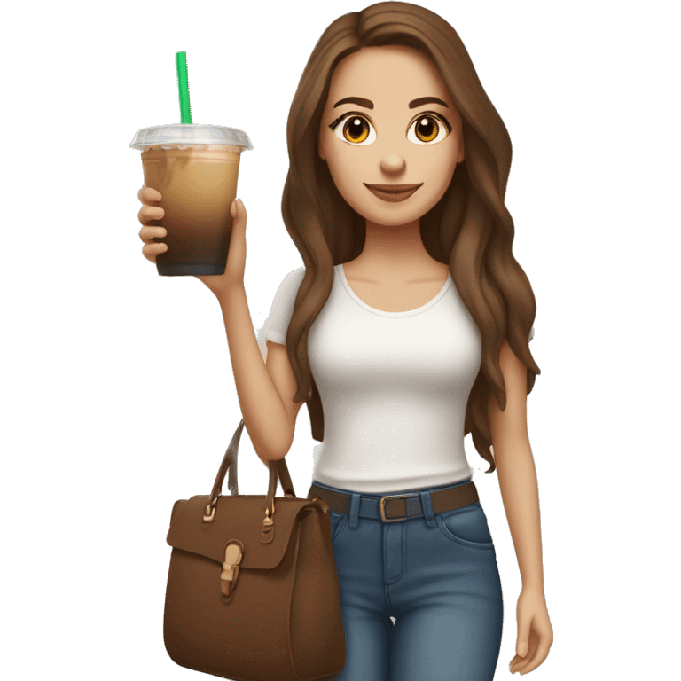 white girl with long brown hair and brown ice has a iced coffee in her hand and a beige handbag in her other hand. she wears a white top and a jeans emoji