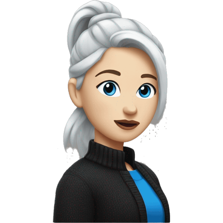 girl with white skin with gray hair with blue eyes in a black sweater with a ponytail on her head with plump lips emoji