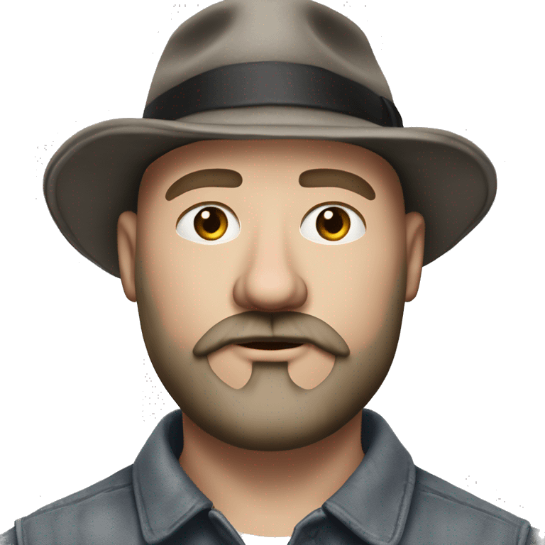 Photorealism A plump bald man of Slavic appearance with a goatee beard and mustache, wearing a fedora hat, big details emoji