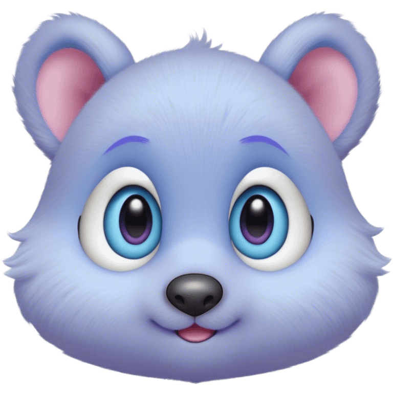 A creature with pastel purple fur and large pixar blue eyes and very small ears like a teddy bear. The nose is just a very small pink oval. The base around the eyes, eyebrows, nose and mouth is white, blushing. emoji