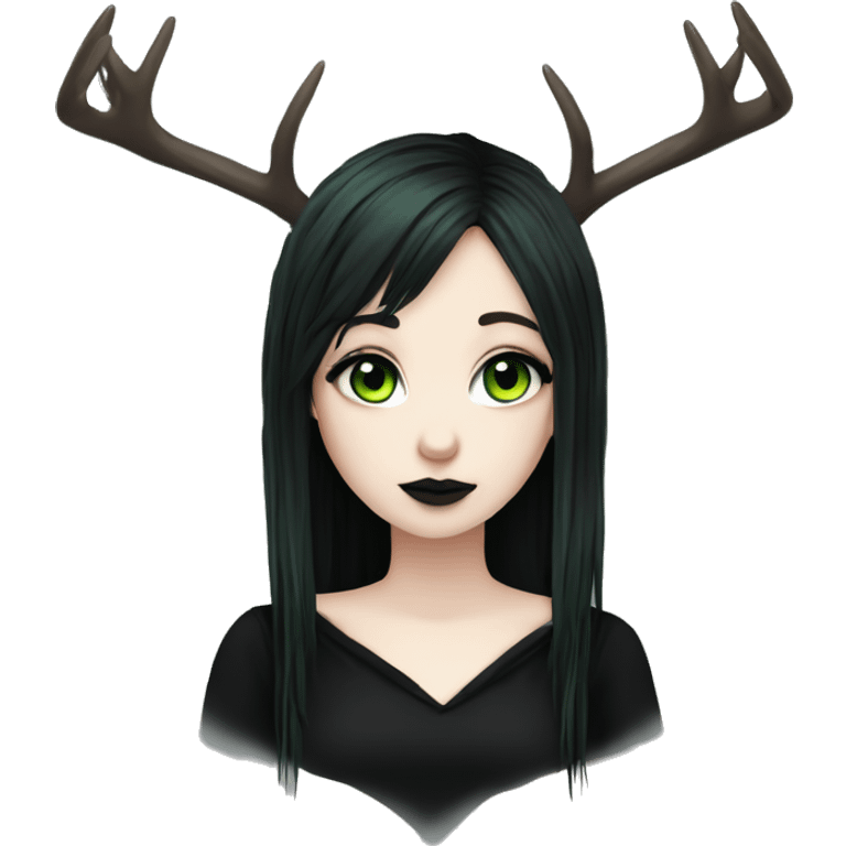 gothic girl, pale skin, green eyes, black dreadlocks, bangs, black clothes, eyeliner, deer antlers  emoji